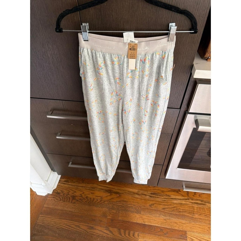 Victoria's Secret PINK Cozy Sleep Joggers gray heather fabric rainbow hearts XS